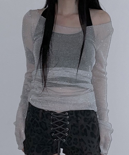 gossip!ロサンゼルス(ゴシップロサンゼルス)の「ラメアクセント シアールーズトップス Y2K(Tシャツ/カットソー・レディース・グレー・FREE)」の3枚目の写真