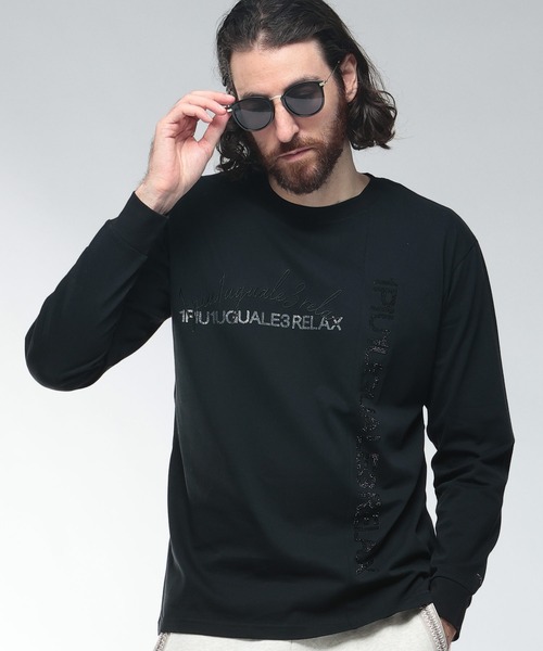 1piu1uguale3 RELAX（ウノピュウノウグァーレトレリラックス）の「1PIU1UGUALE3 RELAX (ウノ ピュ ウノ ウグァーレ トレ リラックス) アシンメトリー ロゴ ラインストーン仕様 クルーネック 長袖 Tシャツ 1PRUST25156SZ（Tシャツ/カットソー・メンズ・ブラック/ホワイト・S/2XL/XL/L/M）」の2枚目の写真