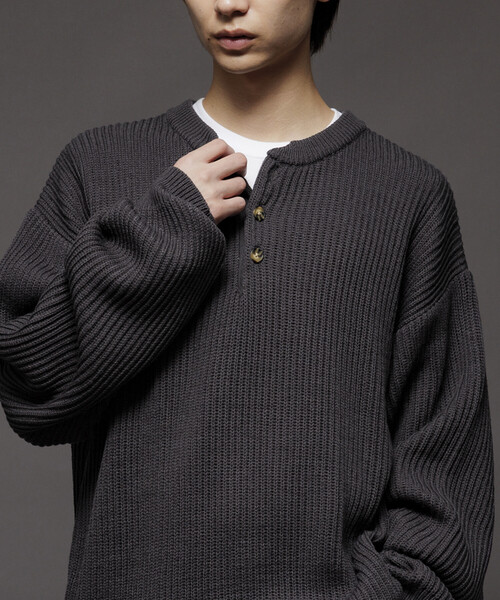 セール】限定展開 リラックスフィット 畦編み ヘンリーネック ニット