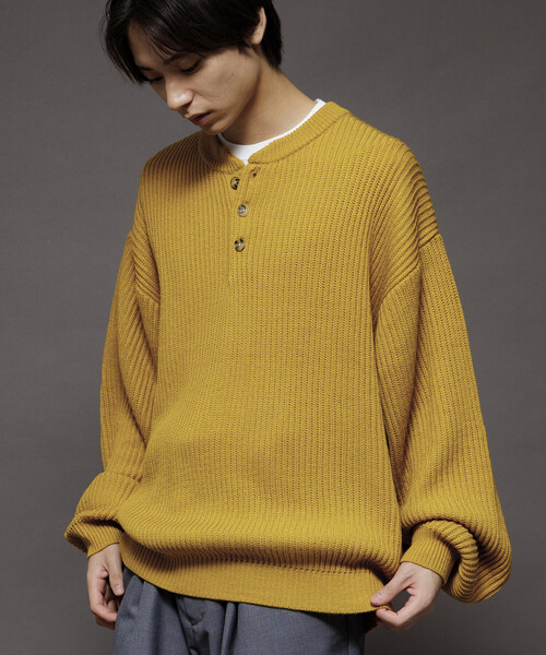 AMBERGLEAM ヘンリーネック 畦編み ニット サイズL イエロー 大きめ AMBERGLEAM ヘンリーネック 畦編み ニット サイズL イエロー 大きめ
