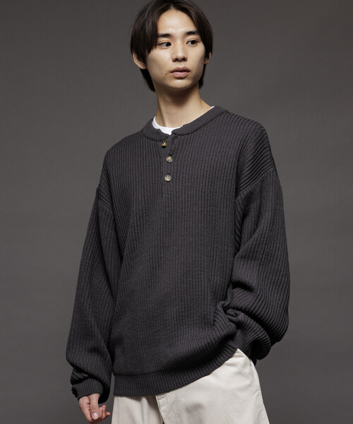 S*I様 Y’s Vネックヘンリーセーター Mサイズ　ブラック セール】限定展開 リラックスフィット 畦編み ヘンリーネック ニット