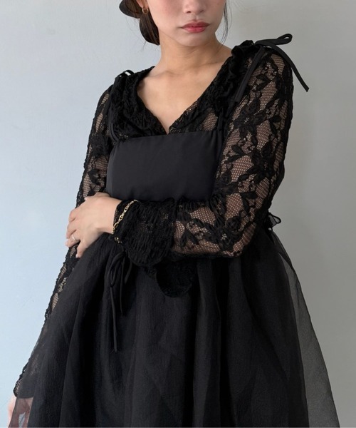 SANSeLF（サンセルフ）の「【SANSeLF】 チュールキャミワンピース リボンショルダー フレアシルエット saw25a037（ワンピース・レディース・ブラック・FREE）」の13枚目の写真