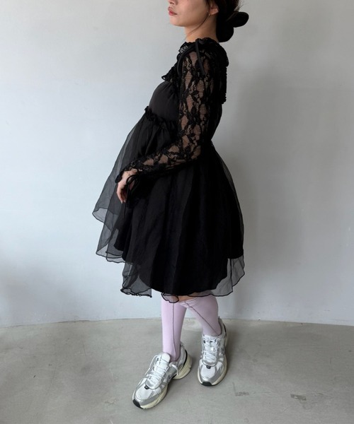 SANSeLF（サンセルフ）の「【SANSeLF】 チュールキャミワンピース リボンショルダー フレアシルエット saw25a037（ワンピース・レディース・ブラック・FREE）」の9枚目の写真