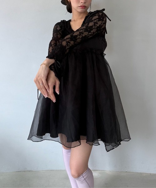 SANSeLF（サンセルフ）の「【SANSeLF】 チュールキャミワンピース リボンショルダー フレアシルエット saw25a037（ワンピース・レディース・ブラック・FREE）」の10枚目の写真