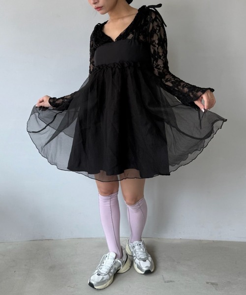 SANSeLF（サンセルフ）の「【SANSeLF】 チュールキャミワンピース リボンショルダー フレアシルエット saw25a037（ワンピース・レディース・ブラック・FREE）」の14枚目の写真
