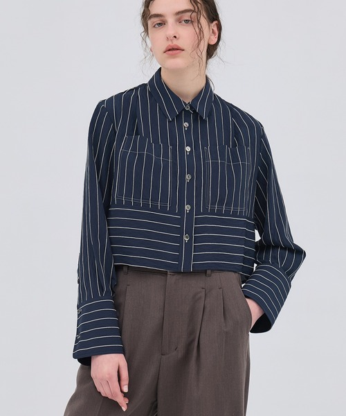 PUBLIC TOKYO（パブリックトウキョウ）の「ダブルポケットレーヨンショートシャツ（シャツ/ブラウス・レディース・ブルー/ホワイト/ホワイト系その他/ダークグレー/ネイビー・FREE）」の4枚目の写真