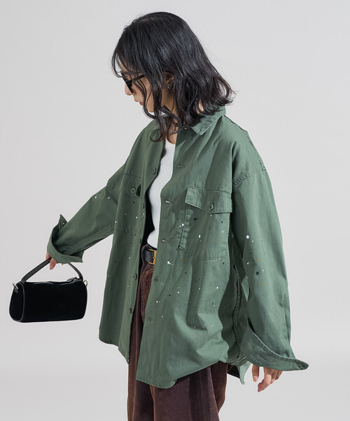 FREAK'S STORE（フリークスストア）の「ペイント加工 シャツジャケット＜セットアップ対応＞（デニムジャケット・レディース・オリーブ/ブルー・ﾌﾘ-）」の14枚目の写真