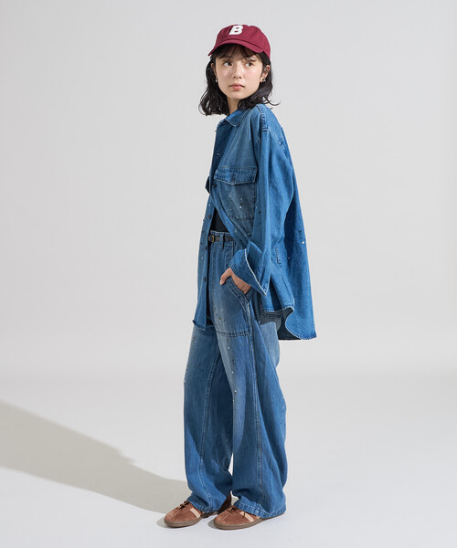 FREAK'S STORE（フリークスストア）の「ペイント加工 シャツジャケット＜セットアップ対応＞（デニムジャケット・レディース・オリーブ/ブルー・ﾌﾘ-）」の20枚目の写真