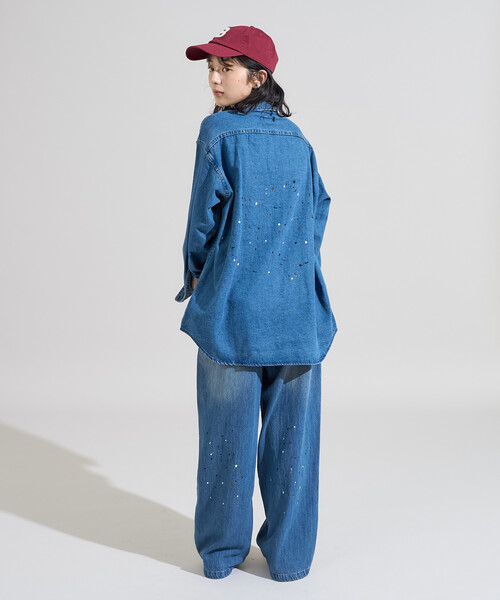 FREAK'S STORE（フリークスストア）の「ペイント加工 シャツジャケット＜セットアップ対応＞（デニムジャケット・レディース・オリーブ/ブルー・ﾌﾘ-）」の21枚目の写真