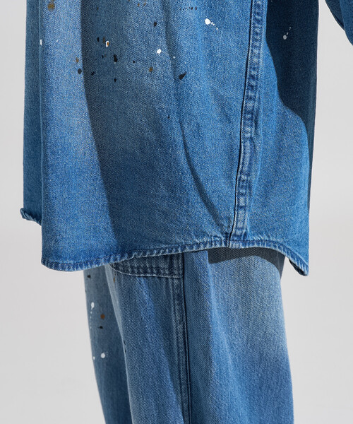 FREAK'S STORE（フリークスストア）の「ペイント加工 シャツジャケット＜セットアップ対応＞（デニムジャケット・レディース・オリーブ/ブルー・ﾌﾘ-）」の7枚目の写真