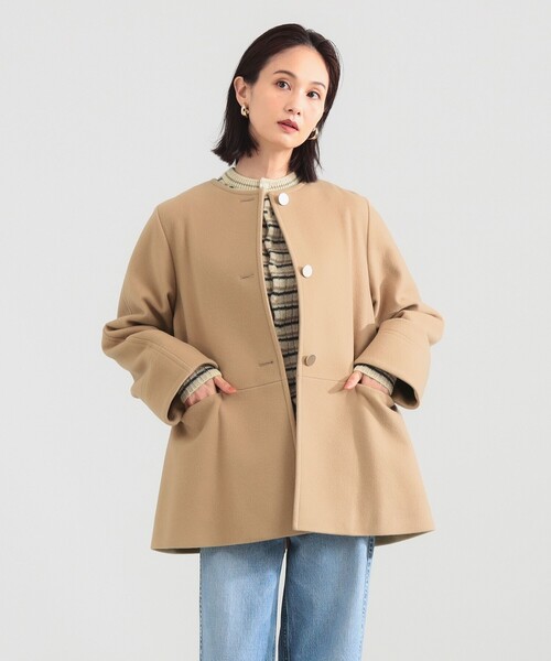 レディース ソフトメルトン ノーカラーコート Demi-Luxe BEAMS｜ソフトメルトン ノーカラーコート Aライン ミドル丈