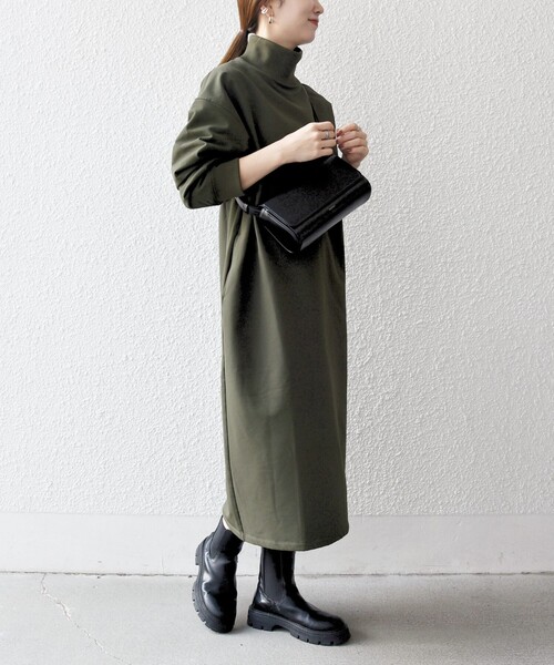 セール】SHIPS any:〈洗濯機可能〉裏起毛 リブ ハイネック ワンピース