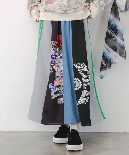 スカラー（ScoLar）/ScoLar スカラー ロゴコラージュ柄 デニム×ジャージ切替スカート セール】ScoLar(スカラー) ロゴコラージュ柄 デニム×ジャージ切替