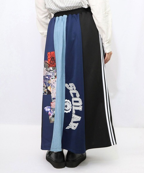 ScoLar（スカラー）の「ScoLar(スカラー) ロゴコラージュ柄 デニム×ジャージ切替スカート（スカート・レディース・グレー/ブラック・MEDIUM）」の3枚目の写真