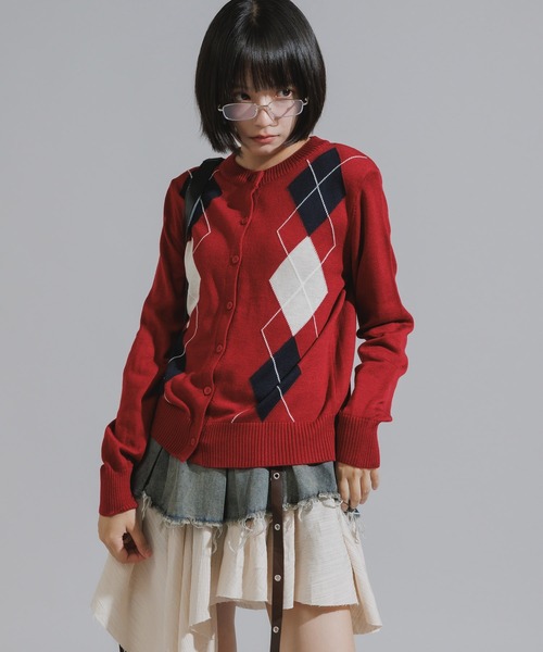 AO2（アオズ）の「Argyle Pattern Wool Knit Cardigan / アーガイル柄 ウールニットカーディガン（カーディガン/ボレロ・レディース・ネイビー/レッド/アッシュ・FREE）」の3枚目の写真