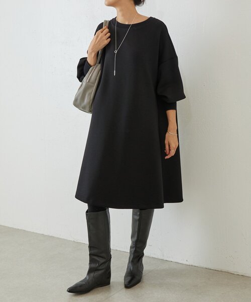 BEARDSLEY　袖パフダンボールワンピース　ビアズリー　ネイビー　洗える　紺 BEARDSLEY 袖パフダンボールワンピース ビアズリー ネイビー