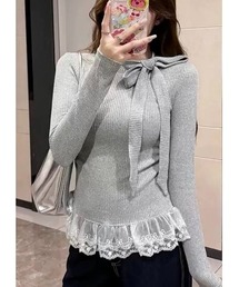 ボウタイ襟 裾レースフリルTEE