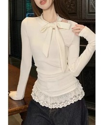 ボウタイ襟 裾レースフリルTEE