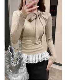 ボウタイ襟 裾レースフリルTEE