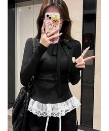 ボウタイ襟 裾レースフリルTEE