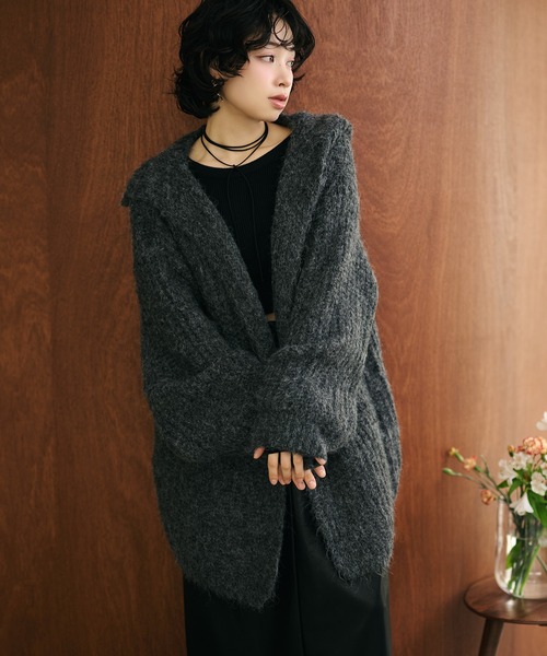 LAULEN(ローレン)の「low gauge hooded shawl knit cardigan /ローゲージフード付きショールニットカーディガン(カーディガン/ボレロ・レディース・オートミール/ダークグレー・FREE)」の2枚目の写真