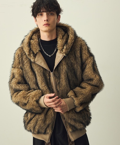 セール】Double Zip Eco Fur Hooded Blouson / ダブルジップエコファー