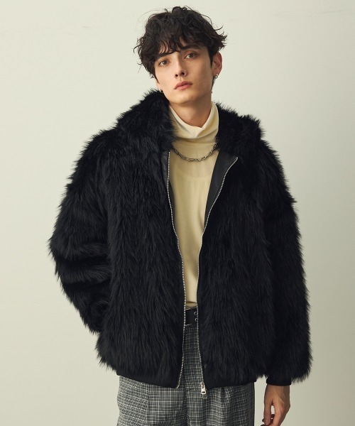 セール】Double Zip Eco Fur Hooded Blouson / ダブルジップエコファー