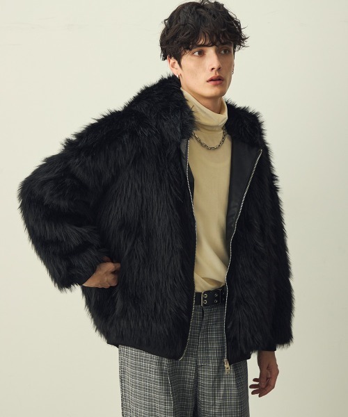 セール】Double Zip Eco Fur Hooded Blouson / ダブルジップエコファー