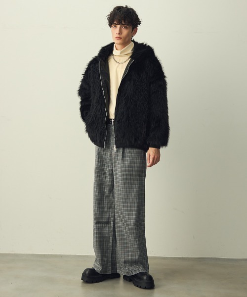 ダブルジップファーブルゾン セール】Double Zip Eco Fur Hooded Blouson / ダブルジップエコ