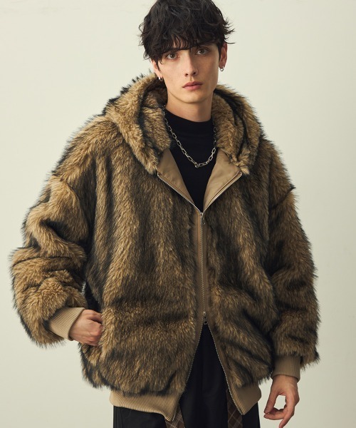 セール】Double Zip Eco Fur Hooded Blouson / ダブルジップエコ
