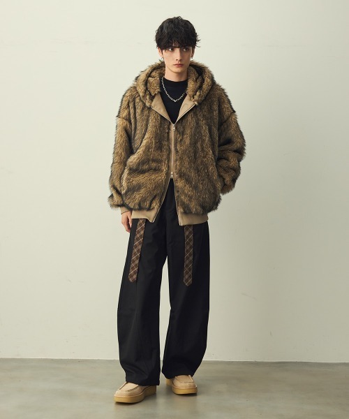 セール】Double Zip Eco Fur Hooded Blouson / ダブルジップエコ
