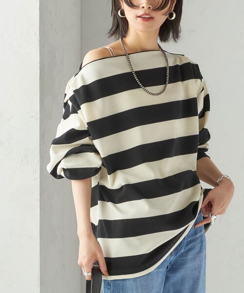 SHIPS(シップス)の「【SHIPS別注】onit:〈洗濯機可能〉ストレッチ ボーダー 3WAY カットソー(Tシャツ/カットソー・レディース・グレー/キャメル/ブラック・ONE SIZE)」の2枚目の写真