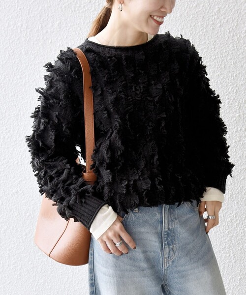 blackmeans アイボリー フリンジ付きニット SHIPS any:〈手洗い可能〉フリンジ デザイン ニット プルオーバー