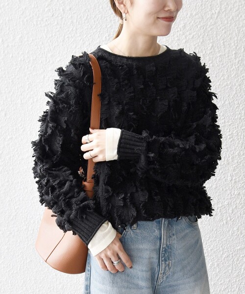 blackmeans アイボリー フリンジ付きニット SHIPS any:〈手洗い可能〉フリンジ デザイン ニット プルオーバー