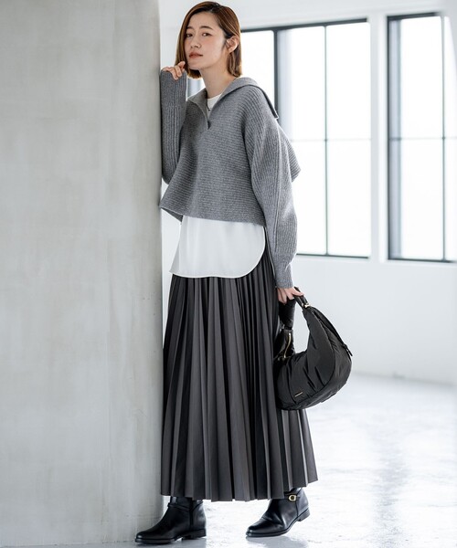 洗える】ウールカシミヤチャンキー クロップド スキッパーニット