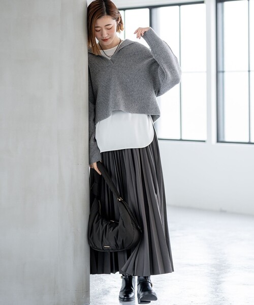 洗える】ウールカシミヤチャンキー クロップド スキッパーニット