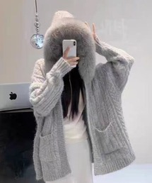 ファー取り外し可 フード付きニットガウン/ゆるシルエット