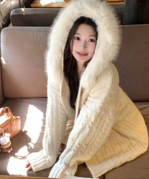 きしてい☆新品 L La Mode フード ニット 異素材 ダウン 取り外せるニットフードがアクセントの キレイ目に着こなせる ダウン