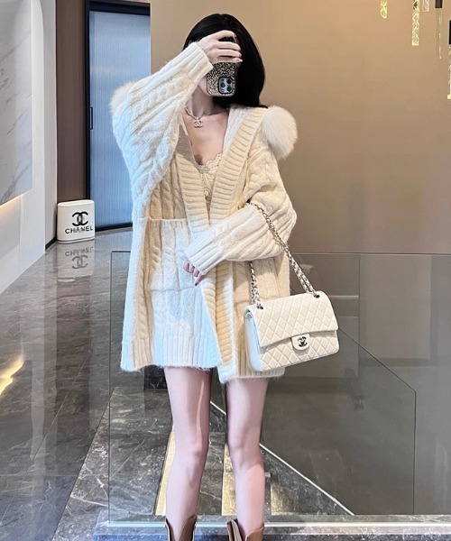 セール】ファー取り外し可 フード付きニットガウン／ゆるシルエット