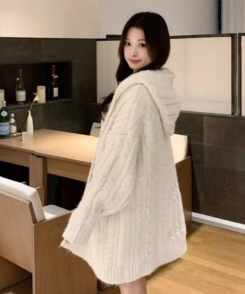 セール】ファー取り外し可 フード付きニットガウン／ゆるシルエット