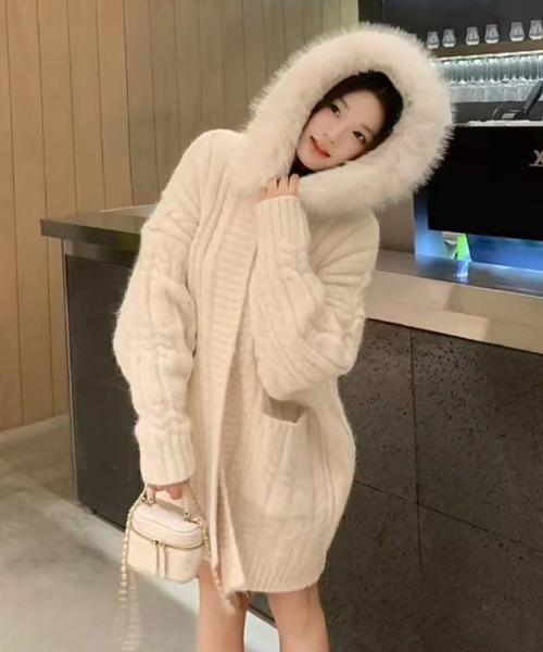 セール】ファー取り外し可 フード付きニットガウン／ゆるシルエット