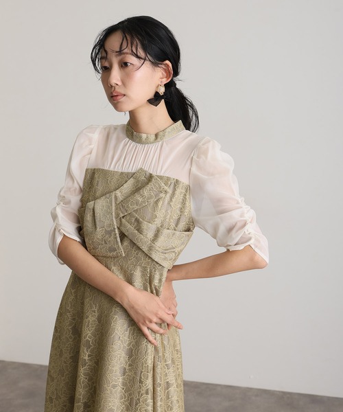 結婚式 二次会 パーティー ドレス ロング と 袖あり フラワー レース