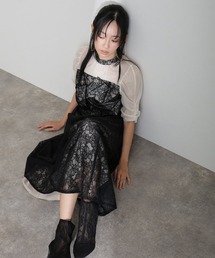 結婚式 二次会 パーティー ドレス ロング と 袖あり フラワー レース ノットデザイン オーガンジー クルーネック お呼ばれ フォーマル オケージョン 同窓会 成人式