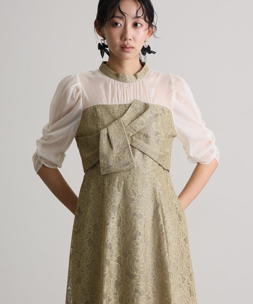 atlo（アトロ）の「結婚式 二次会 パーティー ドレス ロング と 袖あり フラワー レース ノットデザイン オーガンジー クルーネック お呼ばれ フォーマル オケージョン 同窓会 成人式 （ドレス・レディース・ブラウン/グレー/イエロー/チャコール/ブラック・M/S/L）」の16枚目の写真