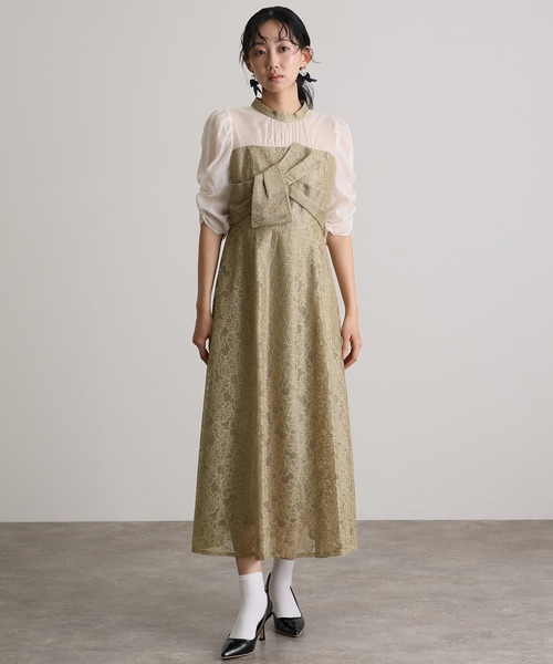 atlo（アトロ）の「結婚式 二次会 パーティー ドレス ロング と 袖あり フラワー レース ノットデザイン オーガンジー クルーネック お呼ばれ フォーマル オケージョン 同窓会 成人式 （ドレス・レディース・ブラウン/グレー/イエロー/チャコール/ブラック・M/S/L）」の17枚目の写真