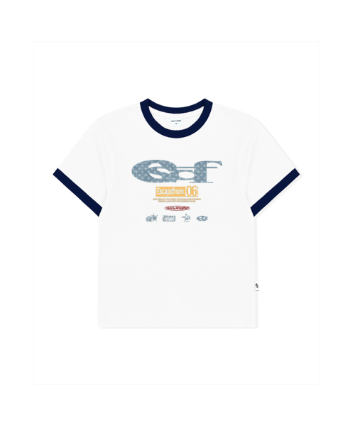 ESCAPEFROM(エスケープフロム)の「スターデニムESCFロゴコラージュプリントリンガー半袖ネイビー(Tシャツ/カットソー・レディース・その他・MEDIUM/LARGE)」の1枚目の写真
