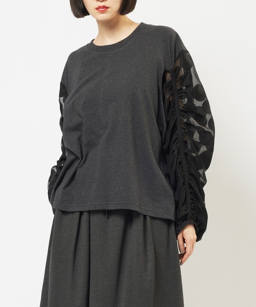 gomme(ゴム)の「コンビネーション ギャザースリーブT(Tシャツ/カットソー・レディース・チャコールグレー/ブラック・MEDIUM)」の1枚目の写真