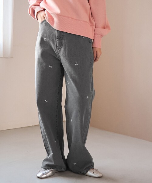 花柄刺繍 ワイドストレートデニムパンツ（デニムパンツ）｜coen
