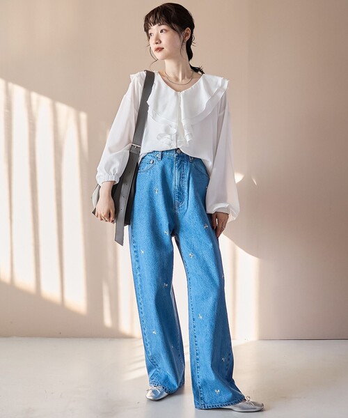 coen（コーエン）の「花柄刺繍 ワイドストレートデニムパンツ（デニムパンツ・レディース・コバルトブルー/ライトグレー・S/M/L）」の22枚目の写真