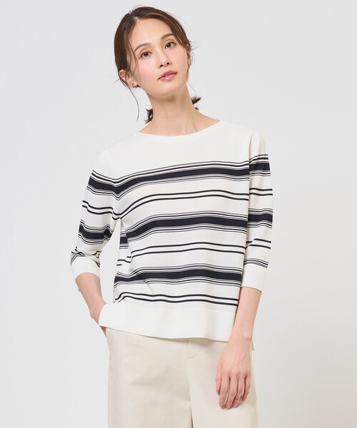 J.PRESS（ジェイプレス）の「COTTON POLYESTER ボーダー ニット（ニット/セーター・レディース・ネイビー系1/黄土色系1・LARGE/MEDIUM）」の2枚目の写真
